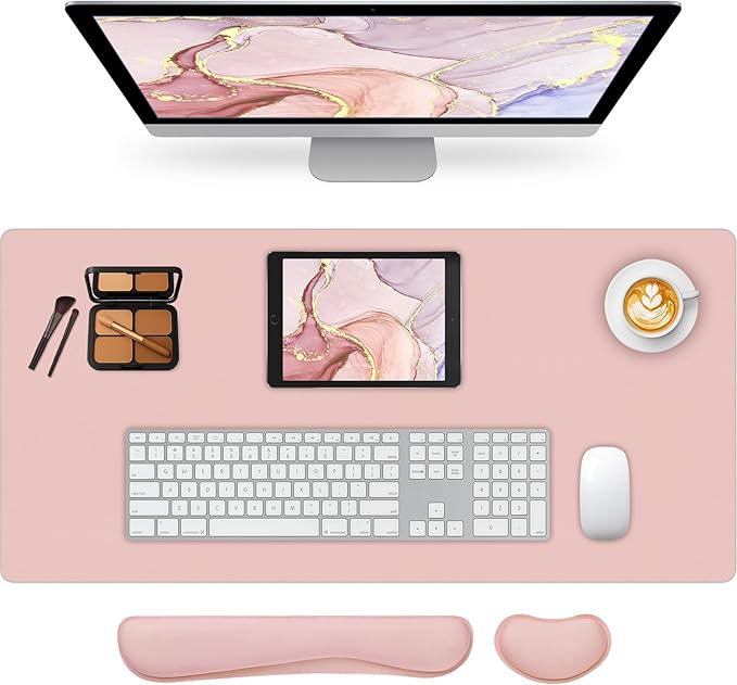 Desk Pad Mat Set,3-in-1 Large Mouse Pads with Wrist Rest and Keyboard Pad, Pink Desk Mats for Keyboards and Mouses, Ergonomic Keyboard and Mouse Mat Set for Office Home Decor, 35.4" x 16.9"