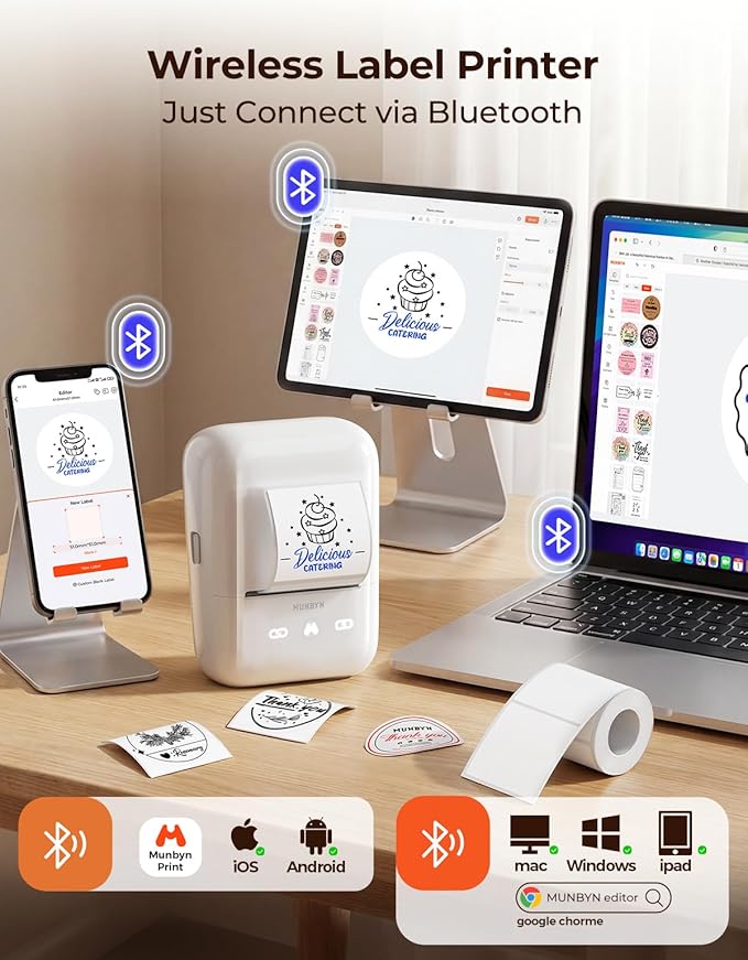 MUNBYN 6-in-1 Label Printer & Sticker Printer, Bluetooth Thermal Printer for Phone & PC, 2-Color Printing with Auto-Center Alignment, Barcode, Custom Labels, Address & Logo Labels, 1 Roll Included