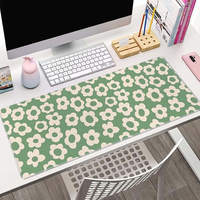 Vintage Groovy Green Flowers Gaming Mouse Pad,Extended Large Mouse Mat Desk Pad,Big Computer Keyboard Desk Pad,Stitched Edges Mousepad,3mm Thick Long Non-Slip Rubber Base Mice Pad, 31.5 X 11.8 Inch