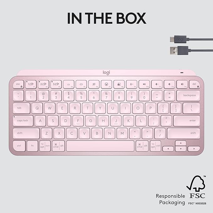 Logitech MX Keys Mini Minimalist Wireless Illuminated Keyboard, Compact, Bluetooth, Backlit, USB-C, Compatible with Apple macOS, iOS, Windows, Linux, Android, Metal Build - Rose