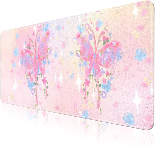 AUPET Leather Desk Pad Blotter Mat, Large Mouse Pad, Non-Slip Waterproof Desk Writing Pad Protector, Desk Decor for Office，Home，Gaming (Pink Butterfly, 35.4X15.7 inch)