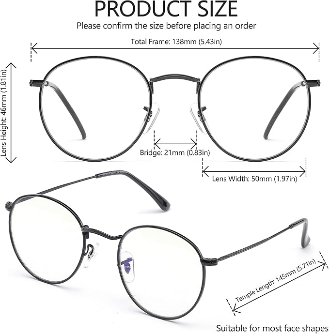 Round Blue Light Blocking Glasses for Men Women, Circle Metal Wire Rimmed Frame Glasses Anti Glare & UV RF5002