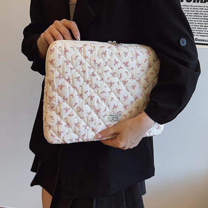 Puffy Laptop Sleeve Case Cute Computer Bag, 14 Inch Flower Printed Quilted Laptop Carrying Cases, Floral Pattern Protective Cover Accessories, Compatible with 13" 14" 15" Notebook