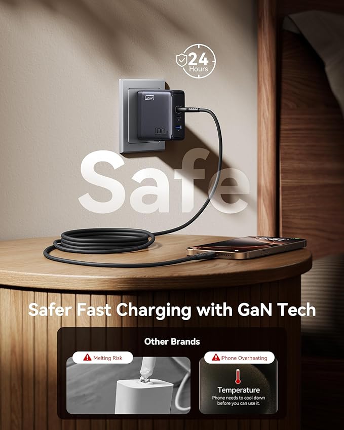INIU for Macbook Pro Air Charger, 100W 3-Port PD Fast Charging, Compact Foldable Charger With USB C Cable, GaN Power Adapter For Mac Book, iPad, iPhone 17, Samsung S25, Switch, Camping, Business, Blue