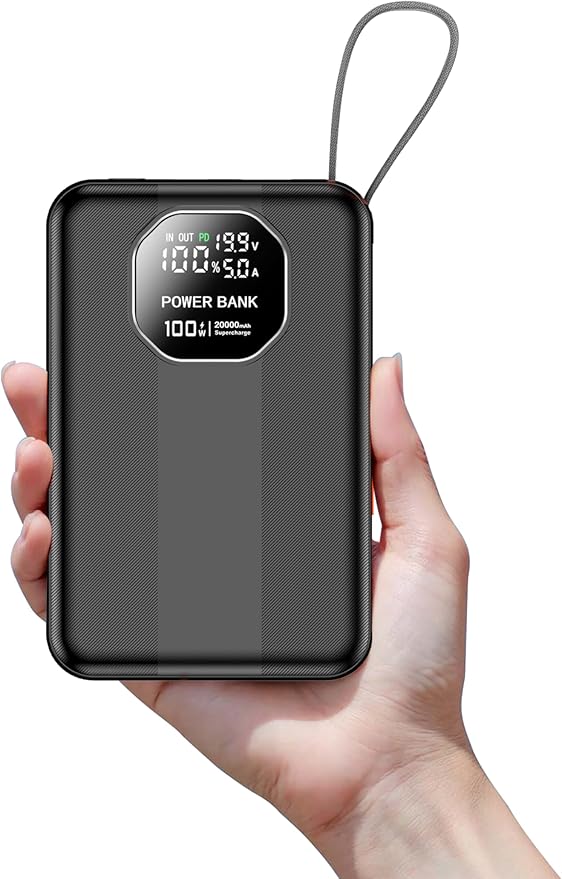 Portable Charger 100W Laptop Power Bank 20000mAh with Built-in USB-C Cable, USB-C Input/Output Battery Pack for Laptops, MacBook, Smartphones, Tablets