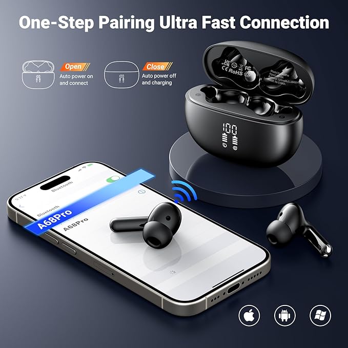 Wireless Earbuds,2025 Bluetooth 5.3 Bass Stereo Headphones with 4 ENC Mic,42H Playtime Ear Buds with Charging Case LED Display,Sport Earphones IPX7 Waterproof for iPhone, Android, Pad, Sports and Work