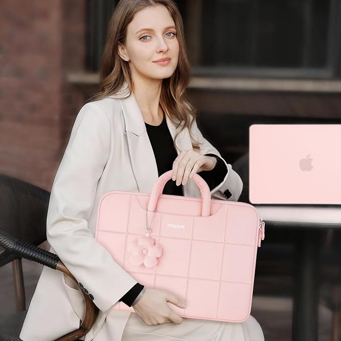 MOSISO Laptop Case 13.3 inch,13-13.3 inch Puffy Laptop Sleeve Compatible with MacBook Air 13 13.6/Pro/Neo 13/Pro 14,HP Dell ASUS Lenovo,Rectangle Quilted Bag with Handle&Flower Pendant, Pink