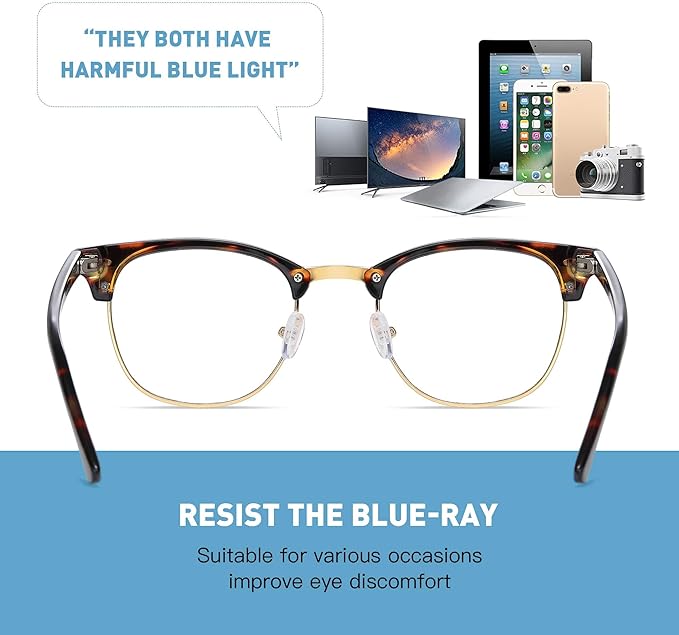Blue Light Blocking Glasses Vintage Half Frame UV Clear Lens Anti Eyestrain Computer Gaming Glasses for Women Men(P62)