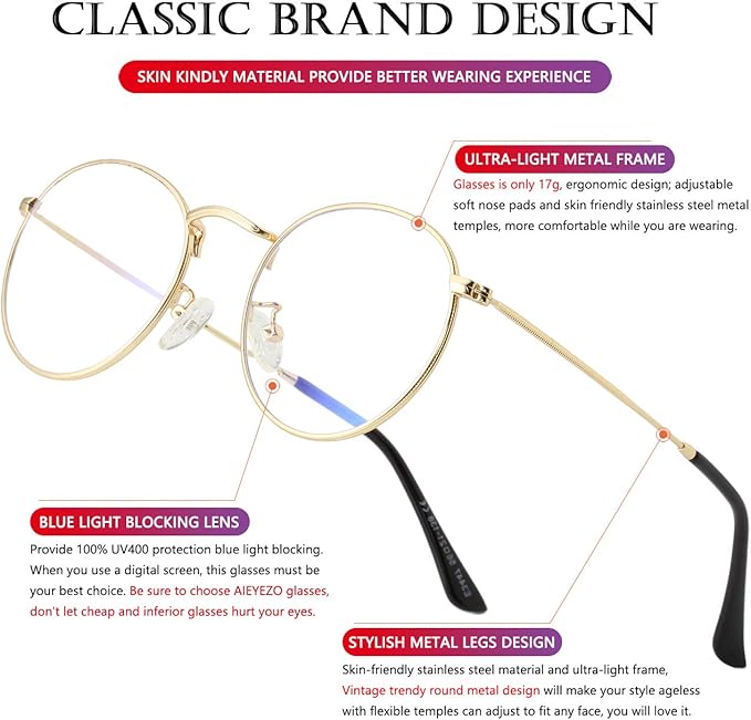 AIEYEZO Blue Light Glasses for Women Men Fashion Retro Circle Wire Frames Eyeglasses Anti-Blue Light Computer Gaming Glasses