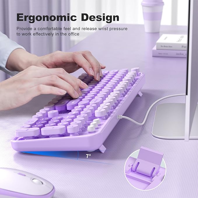 Large Print Wired Keyboard, 104 Keys Full-Sized Typewriter Keyboards, USB Plug and Play Office Keyboard with Number Pad, Caps Indicators, Foldable Stands for Windows, PC, Laptop