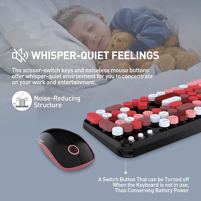FOPETT Wireless Keyboard and Mouse Combo, 105 Keys Full-Sized 2.4 GHz Round Keycap Colorful Keyboards, USB Receiver Plug and Play, for Windows, Mac, PC, Laptop, Desktop (Blackcolorful)