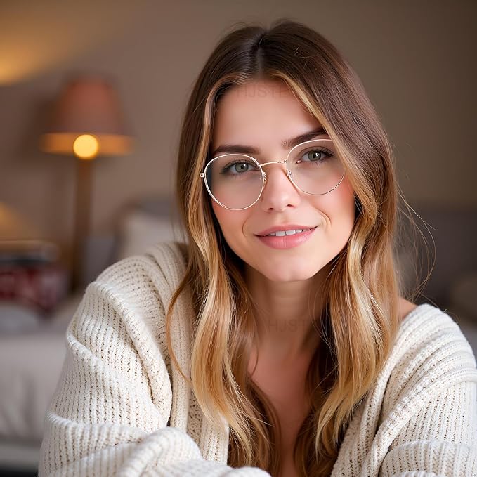 HJSTES Round Blue Light Glasses for Women Men Retro Circle Clear Lens Metal Frame Eyeglasses