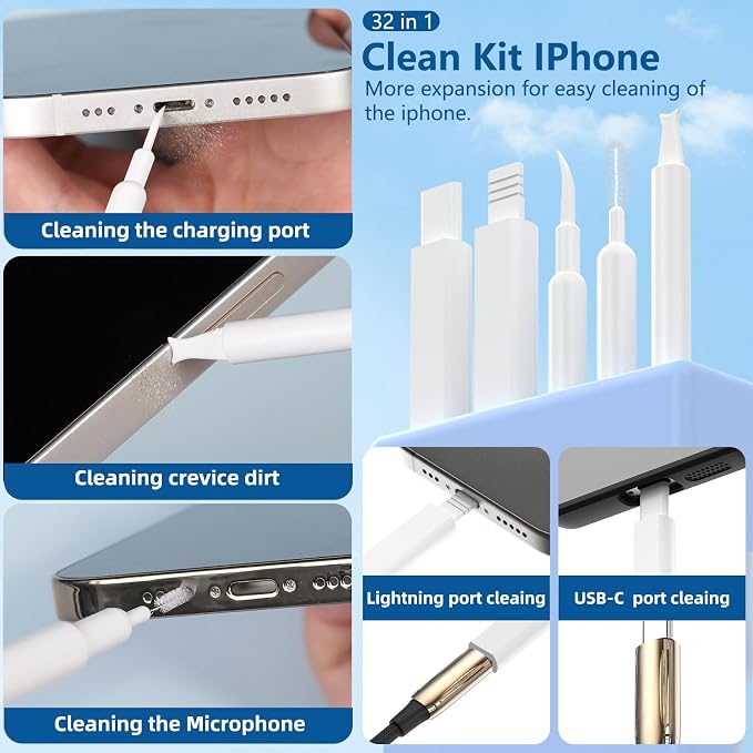32 in 1 Cell Phone Cleaning kit with Charging Port Cleaner,Stylus Pen,SIM Tool,Keyboard Brush,Speaker Brush,Electronic Cleaning kit for iPhone,AirPods,iPad,Keyboard,MacBook,Earbud,Camera Lens(White) - Image 2