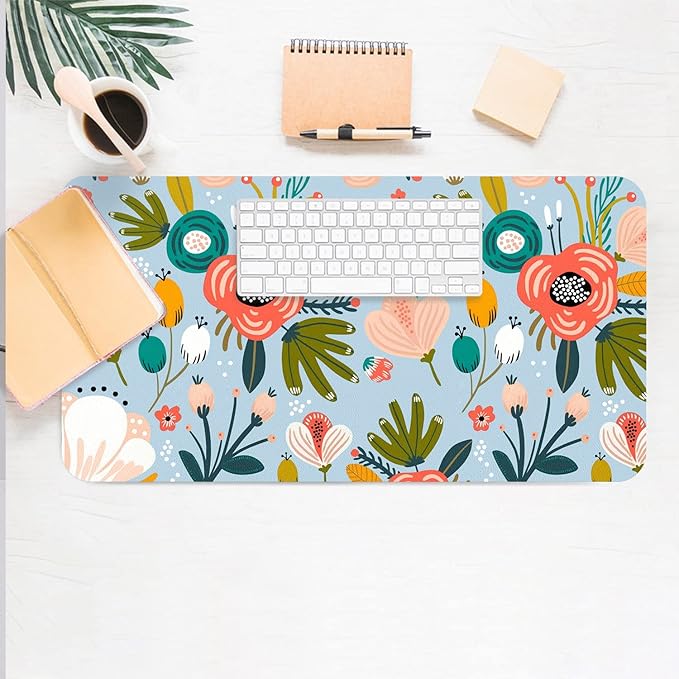 Desk Mat Large Protector Pad 23.6" ×11.8", Non-Slip PU Leather Desk Blotter, Waterproof Mouse Pad for Office Home Blue Floral