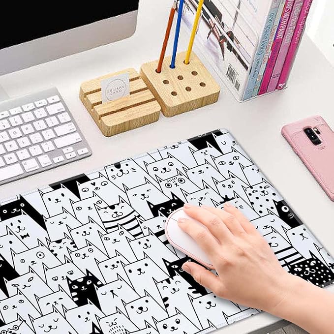 Large XL Gaming Mouse Pad - 31.5 x 11.8 Inch Extended Long Thin Desk Mat for Keyboard Mice with Cute Cartoon Black White Cats