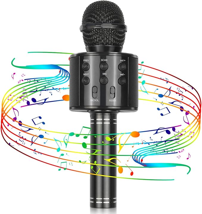 Best Gifts for Kids, Wireless Karaoke Microphone Bluetooth for Birthday Gifts for 4-12 Year Old Girls Boys for Girls Age 4-12 Christmas Xmas Stocking - Black