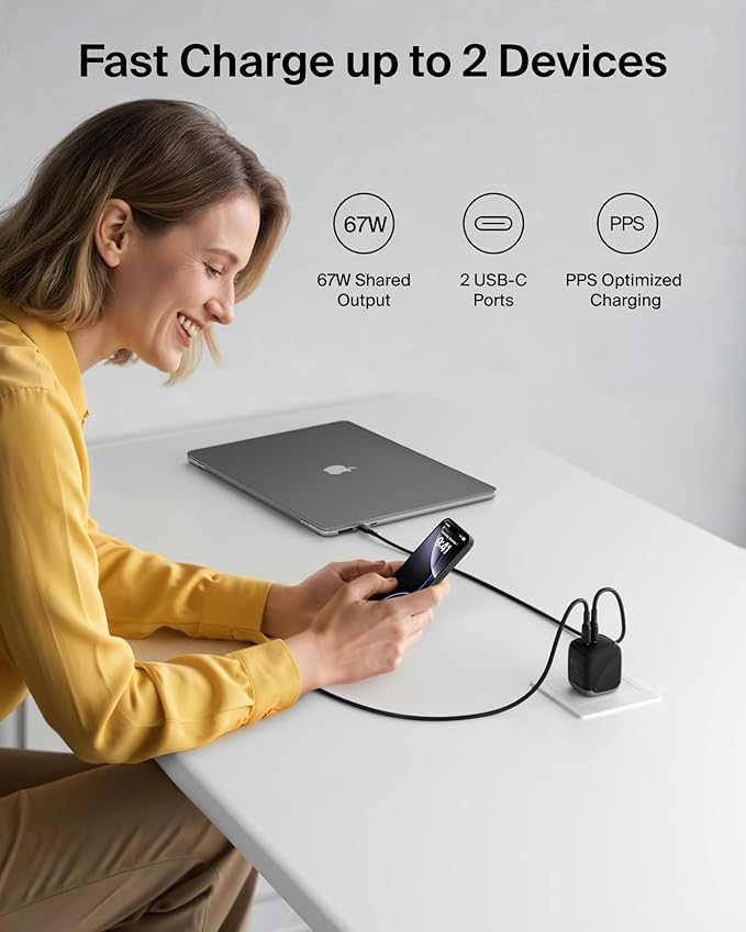 Belkin 2-Port USB C Charger Block 67W, Dual-Port GaN Charger w/ 2X USB C Ports, Fast Charging for MacBook, iPhone 17, iPad Pro, Chromebook, Galaxy S25 Ultra, Pixel 10, & More - Travel Essentials