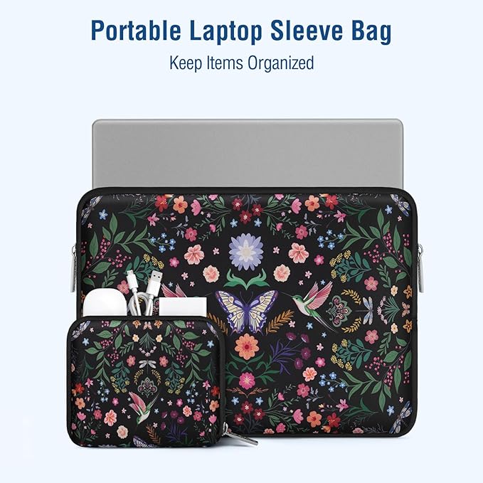 MOSISO Laptop Case 16 inch, 15-15.6 inch Laptop Sleeve Bag Compatible with MacBook Pro 16, HP Acer Dell Lenovo ASUS Notebook, Neoprene Hummingbird Plants Flowers Computer Bag with Small Case, Black