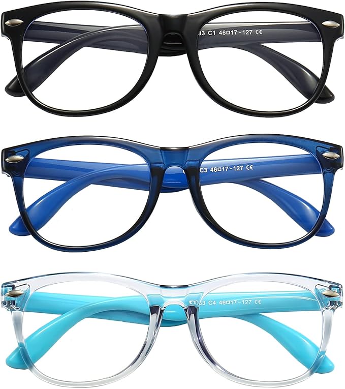 FANNYGO 3 Pack Kid Blue Light Glasses For Kids Girls Boys Computer Blue Light Kids Glasses Clear Glasses Age 3-9 (Black + Dark blue + Light blue)