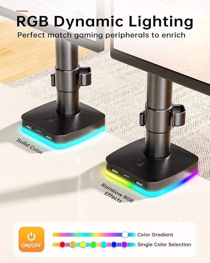 Afaloona RGB Single Monitor Stand, Monitor Arm with 3 USB Ports, Charging and USB Data Transfer Function, Adjustable Desk Mount for 13-27" Monitors up to 17.6lbs, VESA 75x75-100x100mm,Ergonomic Design