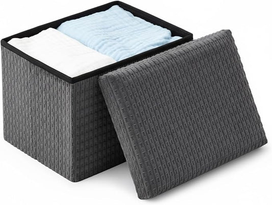 Thyle Storage Ottoman with Lid, Foldable Foot Rest Stool with Hidden Storage, Corduroy Ottoman for Living Room Bedroom Dorm Under Desk, 16x12x12 Inch(Grey)