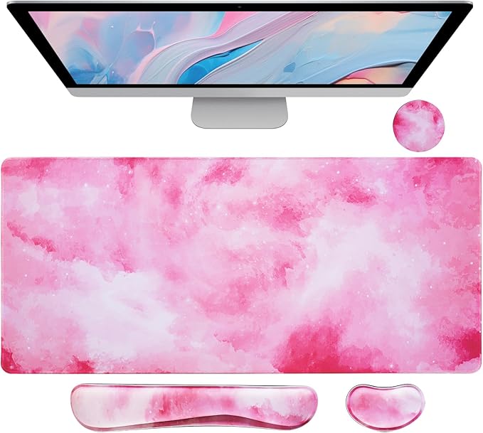 Bloss Clouds Mouse Pad and Keyboard Wrist Rest, 4-in-1 Desk Mat, Cute Desk Pad Easy Typing & Pain Relief, Desk Decor for Women Girls-Pink Clouds(35.4 x 15.7 Inches)