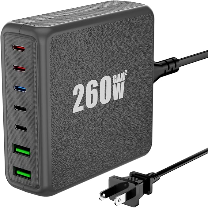 USB C Charger Block, 260W 7-Port Desktop USB C Charger, 2x65W Ports Laptop Charging Compatible with MacBook Pro/Air, iPad Series,iPhone 14/13/Mini/Pro/13Pro Max/12, Galaxy