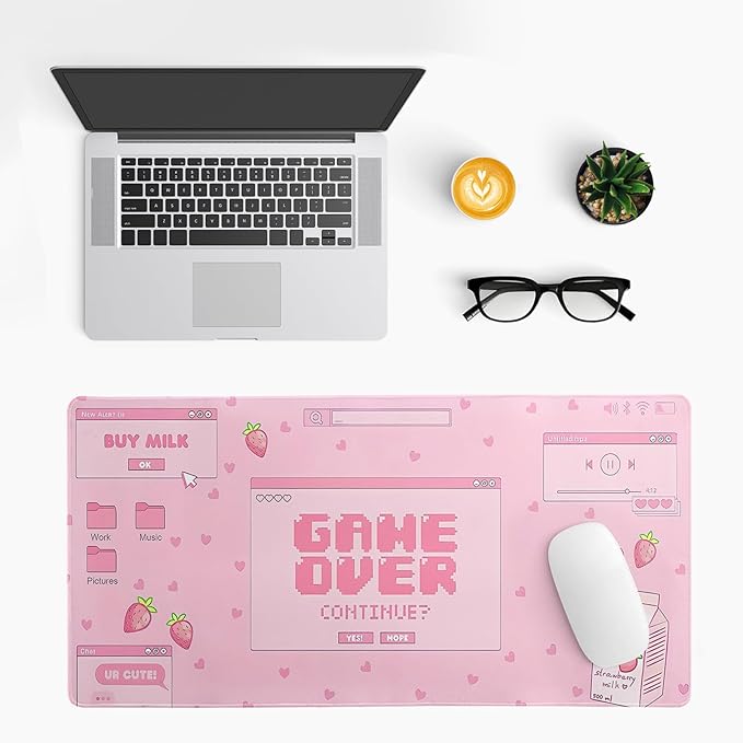 Pink Gaming Mouse Pad 27.6x11.8 Inch Pastel Game Over Large Mousepad Kawaii Office Decor for Women Non-Slip Rubber Base Stitched Edges Keyboard Mouse Mat Desk Pad for Office Home and Game