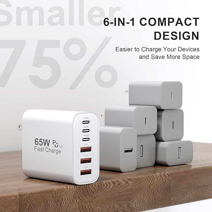 USB C Fast Wall Charger Block, 2-Pack 65W 6-Port USBC Wall Charger iPhone Charger Fast Charging PD Power Adapter+QC Wall Plug Multiport Type C Brick Chargers for iPhone 17 16 15 14 13Pro Max,Samsung