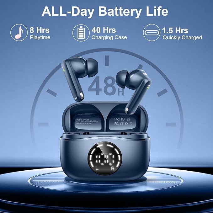 Wireless Earbuds, 2025 Bluetooth 5.4 Headphones NEW Ear Buds 40H Bass Stereo in-Ear Earphones ENC Noise Cancelling Earbuds with 4 HD Mic, USB-C LED Display IP7 Waterproof Sport Headset for Android iOS