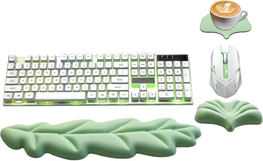 Ergonomic Keyboard Wrist Rest, Leaf Shape PU Leather Memory Foam Wrist Support for Computer Keyboard, Keyboard Pad and Cute Mouse Wrist Pad for Gaming,Office,Computer,Typing Pain Relief, Pastel Green