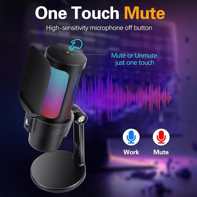 VCOM Gaming USB Microphone, Condenser Dynamic Mic for Podcasting, Streaming, with Quick Mute, Desktop Stand, Pop Filter, RGB Indicator, Shock Mount, Rotate gain Button, Compatible with PS4/5/PC