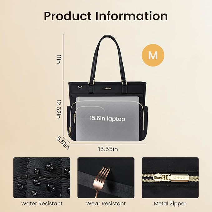 LOVEVOOK Tote Bag, Work Bags for Women with Large Cup Holder, Large Capacity Teacher Tote with Multi Pockets, Water Resistant Nurse Diaper Tote with Padded Laptop Compartment, 15.6 Inch Black