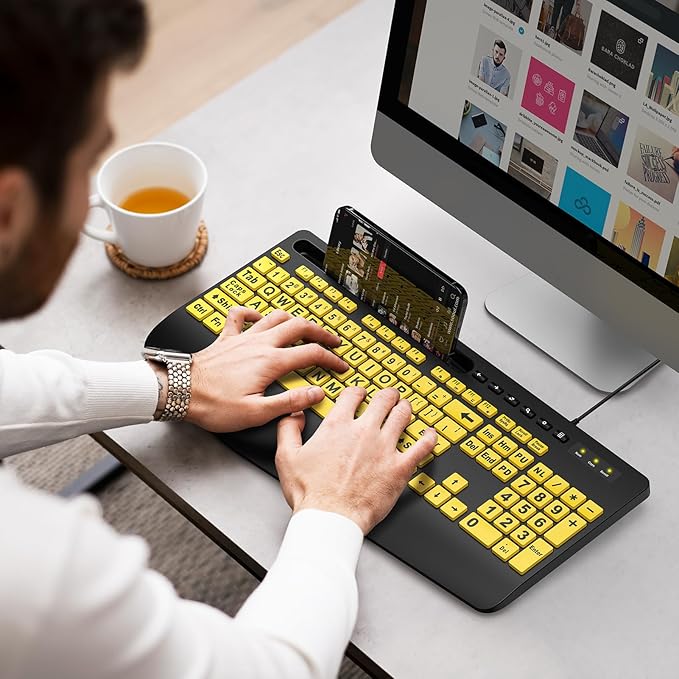 SABLUTE Large Print Computer Keyboards, Wired USB High Contrast with Wrist Rest, Phone Holder Oversized Print Letters Easy to Read for Visually Impaired Vision Individuals (Yellow+Black)