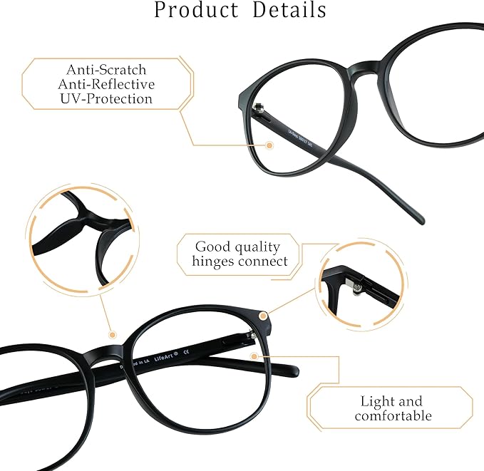 LifeArt Round Blue Light Blocking Glasses, Computer Glasses, Gaming Glasses, TV Glasses for Women Men (Black, 3.00 Magnification)