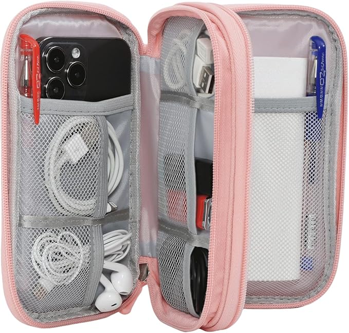 Electronic Cable Organizer Bag, Travel Electronic Accessories Carry Case Portable Waterproof Double Layers Storage Bag for Cable, Cord, Charger, Power Bank, Earphone (Light Pink, Medium)