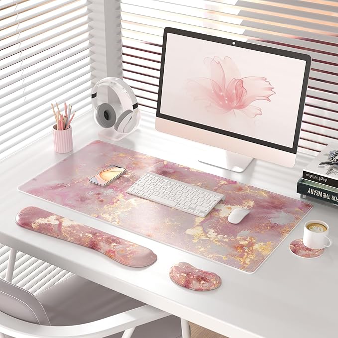 QiyI Leather Desk Mat Set, 4-in-1 Large Mouse Pad with Wrist Rest, Non-Slip Desk Pad + Keyboard Wrist Rest + Mouse Wrist Support + Coaster, Office Desk Accessories Home Decor Supplies, Pink Marble