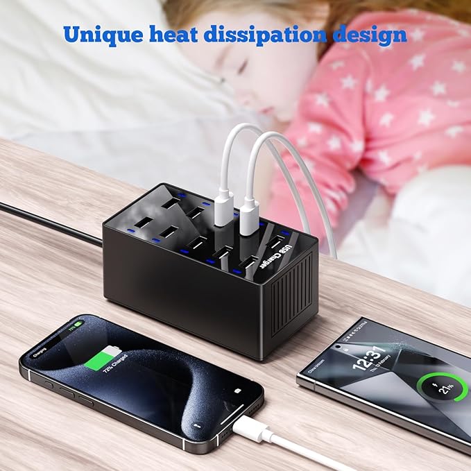 Multiple USB Charger, 10 Port USB Charging Station, Charging Station for Multiple Devices, Charger Block for iPhone 13/14/15/16/Samsung S24/S25 Ultra/Google/iPad/iPod