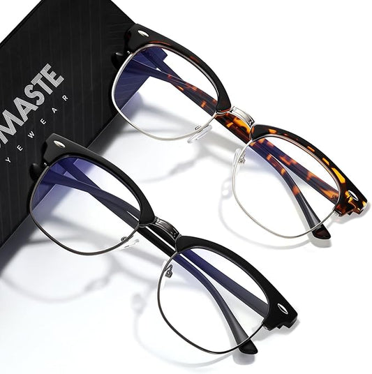 Blue Light Blocking Glasses Vintage Half Frame UV Clear Lens Anti Eyestrain Computer Gaming Glasses for Women Men (F09-yellow Tortoise+matte Black Silver)