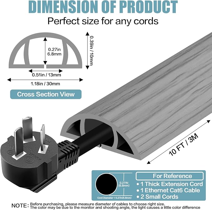 Floor Cord Cover Self Adhesive Cord Hider,10FT Cable Management, Extension Strip Protector for Wires, Prevent Cable Trips for Offices, Gyms, Exhibitions Cavity:0.39"(W) x 0.27"(H) Gray Wood - Image 2