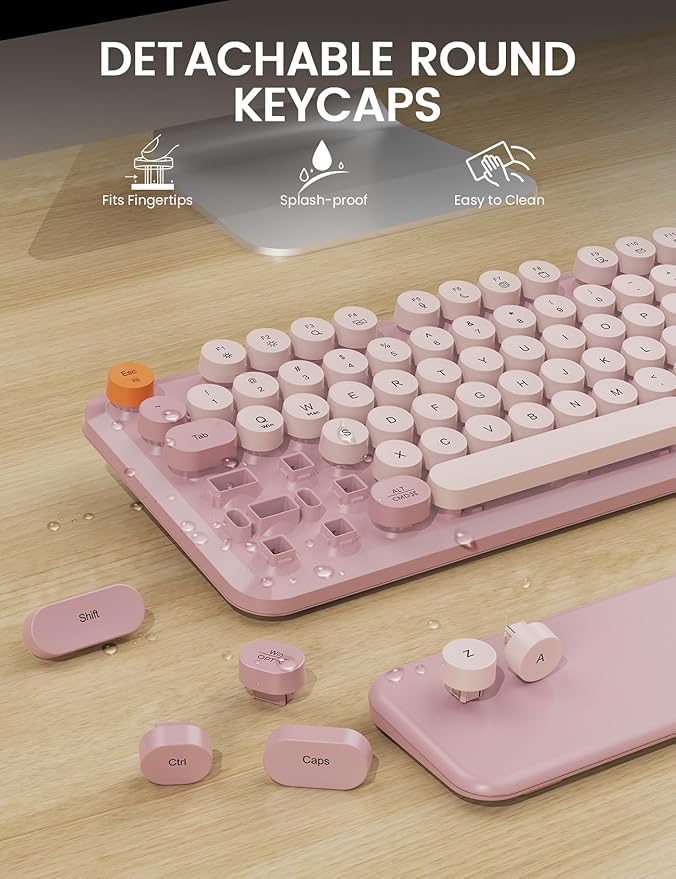 Wireless Keyboard and Mouse Combo, Typewriter Keyboard with Detachable Wrist Rest, Full-Size Retro Round Keycaps, Smart-Sleep, 2.4GHz Stable Connection for Mac/Windows/PC, Trueque(Dusty Rose)