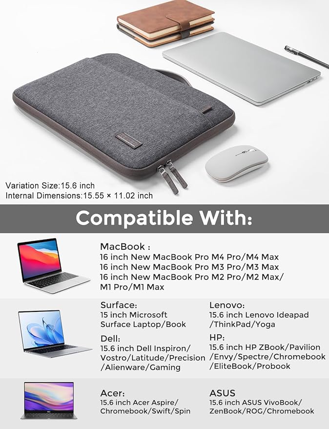 DOMISO 15.6 inch Laptop Case Sleeve Protective Cover Compatible with 16 inch MacBook Pro M4 M3 M2/Pro Max,15.6-16 inch HP Dell ASUS Lenovo Chromebook,Waterproof Computer Cases Bag,Dark Grey