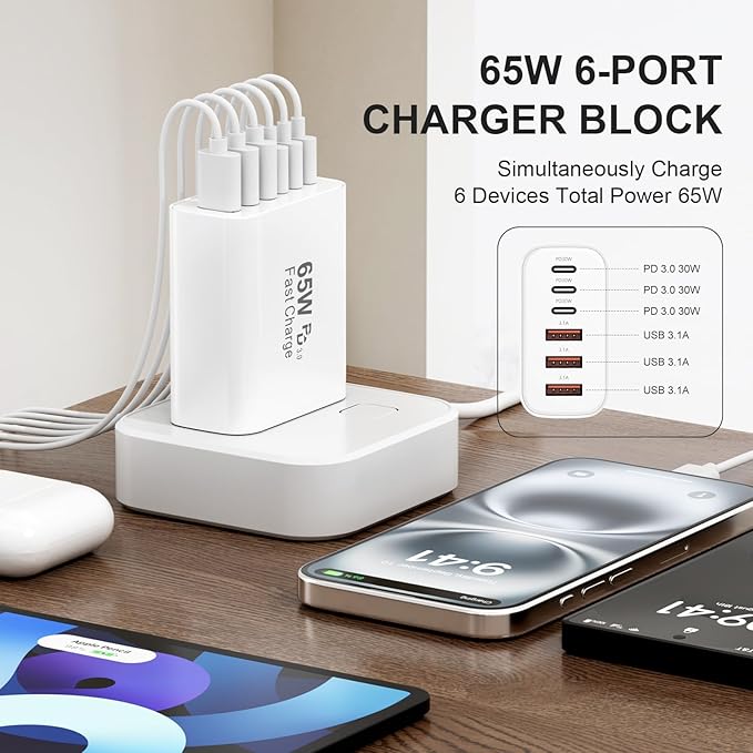 USB C Fast Wall Charger Block, 2-Pack 65W 6-Port USBC Wall Charger iPhone Charger Fast Charging PD Power Adapter+QC Wall Plug Multiport Type C Brick Chargers for iPhone 17 16 15 14 13Pro Max,Samsung
