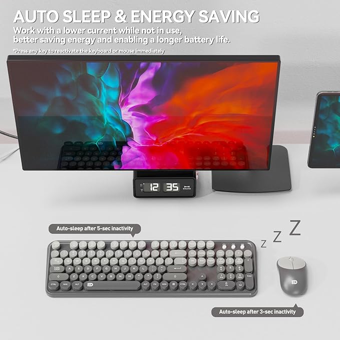 FOPETT Wireless Keyboard and Mouse Combo - Cute Colorful Mouse and Keyboard 2.4G Full-Sized with 104 Round Keys Retro Typewriter Keyboards for Laptop/Windows/PC - Grey Gradient