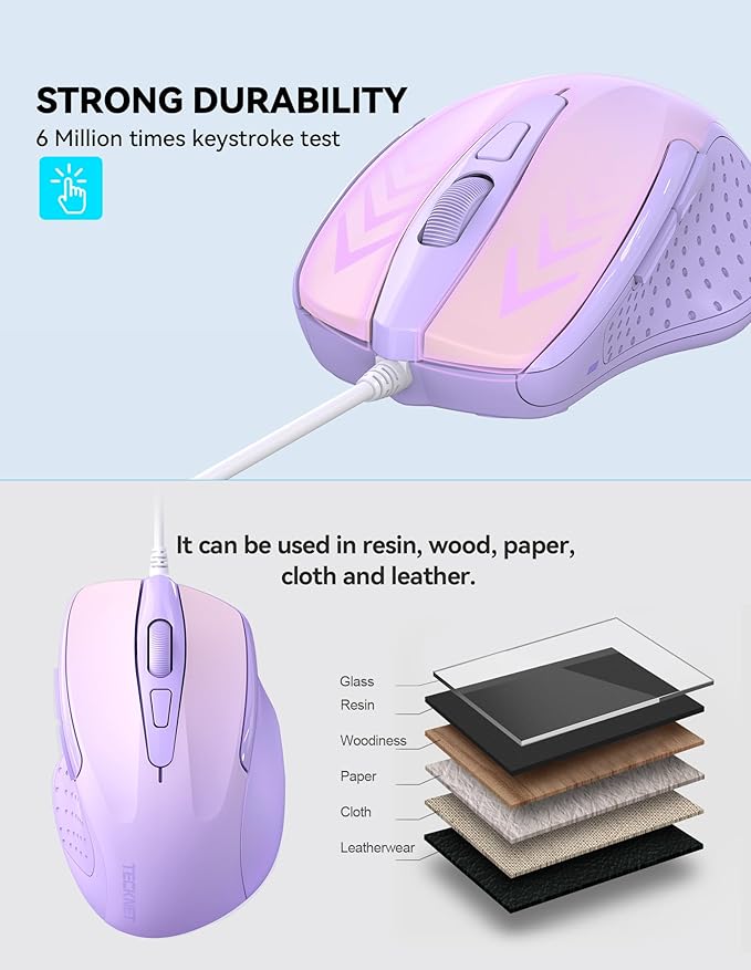 TECKNET Wired Mouse, 6-Button Corded with 4 Adjustable DPI, Optical Ergonomic Design, 5FT Cord for Laptop, Chromebook, PC, Desktop, Mac, Notebook - Gradient Lavender
