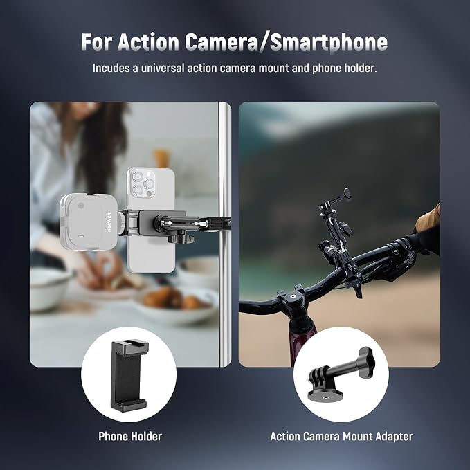 NEEWER Super Clamp with 3" Dual Ballhead Magic Arm, Ball Head Adapter, Cold Shoe, Phone Holder, Action Camera Clamp Mount for Flat/Round Surface Compatible with GoPro DJI iPhone 15 Pro Max, ST85 - Image 4
