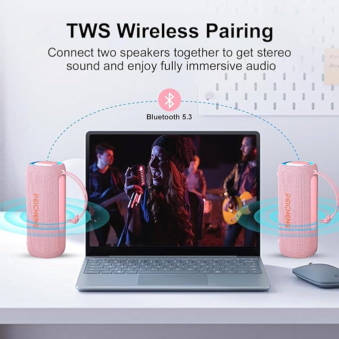 Bluetooth Speaker, Portable Wireless Clear Loud Stereo Sound IPX5 Waterproof with RGB Lights BT5.3 Long Playtime TWS Pairing,for Home Party Outdoor Beach,Great Gift Choice (Pink)