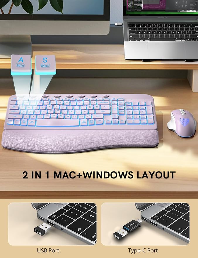 SABLUTE Ergonomic Wireless Keyboard and Mouse Combo - Wave Keyboard with Soft Leather Wrist Rest, Resistant Keys, RGB Backlit Rechargeable Set for PC/Mac/Chromebook (Lavender Purple)