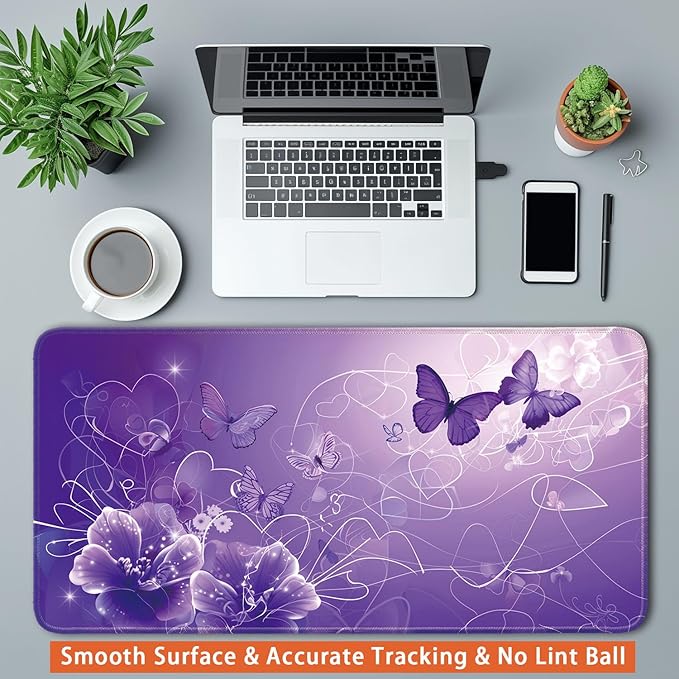 Desk Pad Protector, Office Desk Mat, Large Mouse Pad, Non-Slip Desk Blotter, 23.6x11.8 inch, Purple Butterfly