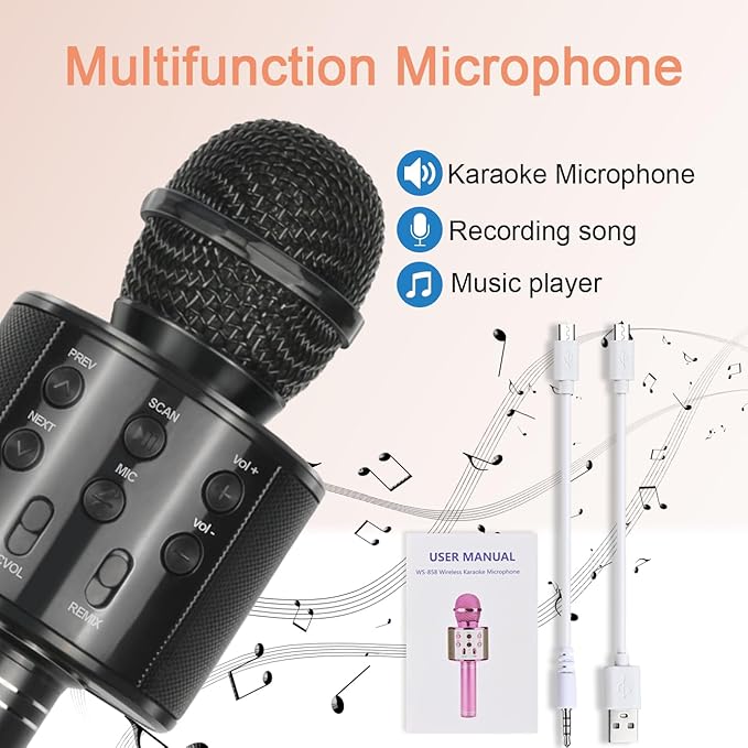 Best Gifts for Kids, Wireless Karaoke Microphone Bluetooth for Birthday Gifts for 4-12 Year Old Girls Boys for Girls Age 4-12 Christmas Xmas Stocking - Black